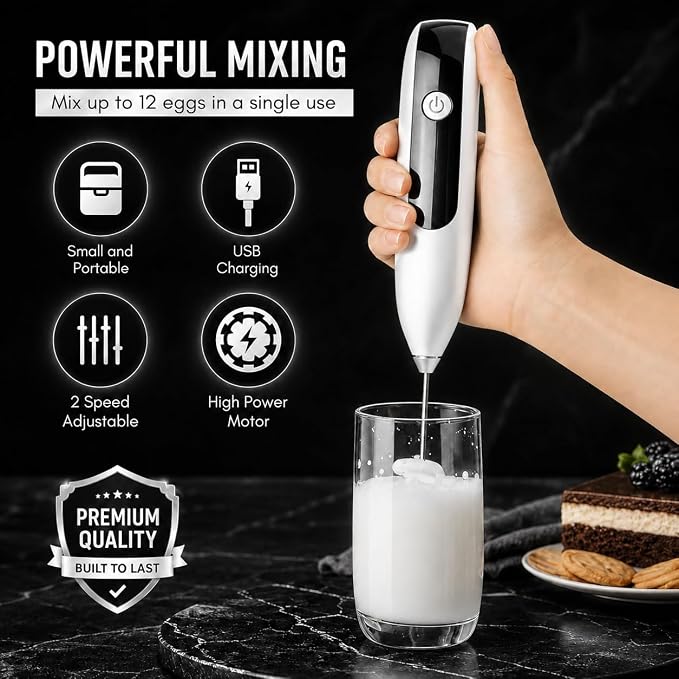 GOCHA Rechargeable Milk Frother, USB-C Electric Milk Foamer Handheld, Double Spring Whisk, 2-Speed Foam Maker for Coffee, Latte, Cappuccino, Matcha, Hot Chocolate, Stand Included (White)