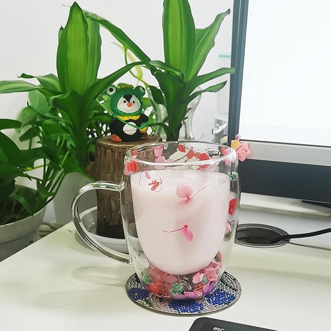 Dried Flowers Double Wall Glass, 350ml Coffee Mugs Cute Glass Tea Cups with Handles,Aesthetic Dried Flowers Cups with Handles,Insulated Coffee Cup Unique Gifts for Women