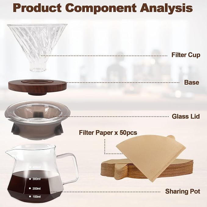 Pour Over Coffee Maker 13.5oz Portable Glass Coffee Maker High Borosilicate Glass Eagle Beak Spout Design with 50 Pcs Filter Paper Walnut Wood Base for Pour Over for Daily Brewing 400ml
