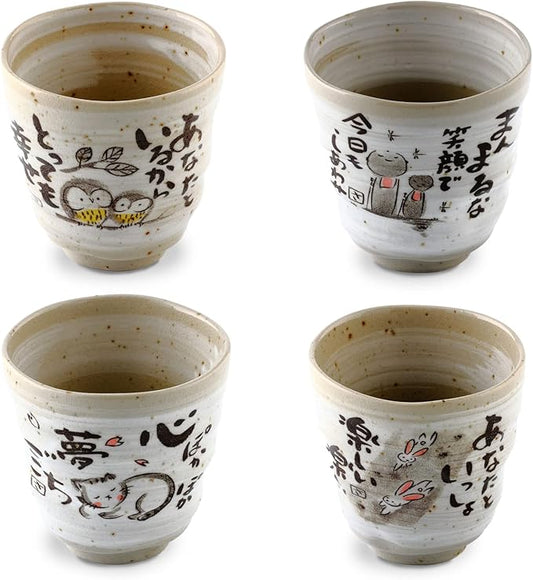 Product of Gifu Japan Mino Yaki(Ware) ceramic Handmade Japanese Tea Cups Sake Green Tea Yunomi Tea cup Mug, Japanese Poem Design(Rabbit, Owl, Cat, Jizo), Gray 6.1 fl oz