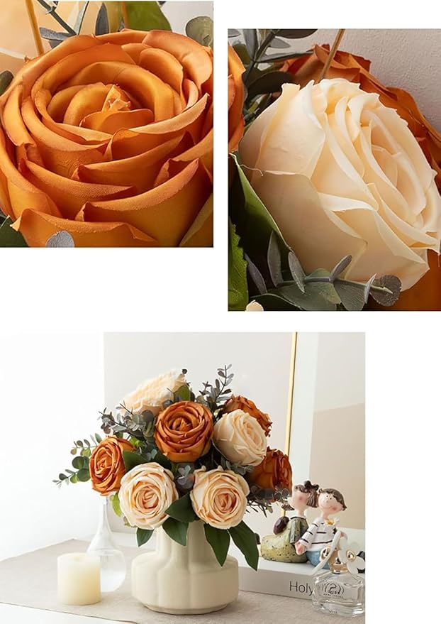 Silk Roses Artificial Flowers in Vase,Fake Flowers with Vase,Faux Flower Arrangement with Vase for Home Office Decoration, Dining Table Centerpiece