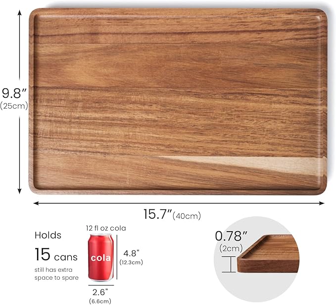 VERTORGAN 2 Pack Acacia Wood Serving Tray,15.8x9.8 Inch Decorative Trays Platter for Coffee Table,Living Room,Bar,Party,Mini Charcuterie Boards Cheese Board,Home Decor
