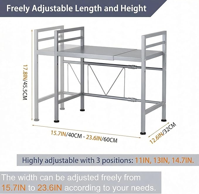 PUSDON Expandable Microwave Oven Rack, 2-Tier Countertop Baker's Rack Style Shelf, Heavy Duty Stand with 3 Hooks, 160lbs Capacity Stainless Steel Appliance Match, Silver Gray