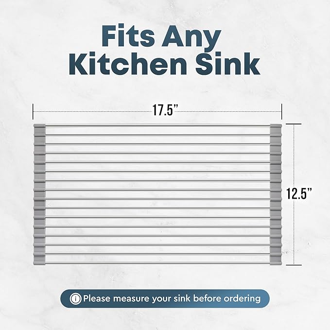 Zulay Kitchen Over The Sink Dish Drying Rack, Roll Up Heavy Duty Stainless Steel Design for Easy Storage & Durability | Dishwasher Safe 17.5” x 12.5