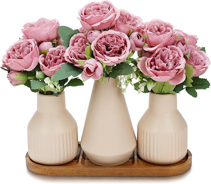 Flower Table Centerpiece - Dining Table Centerpiece Decor Set of 3 Fake Peonies in Ceramic Vases & Wood Tray Modern for Kitchen Island Living Room Coffee Table Home Decor (Dusty Pink)