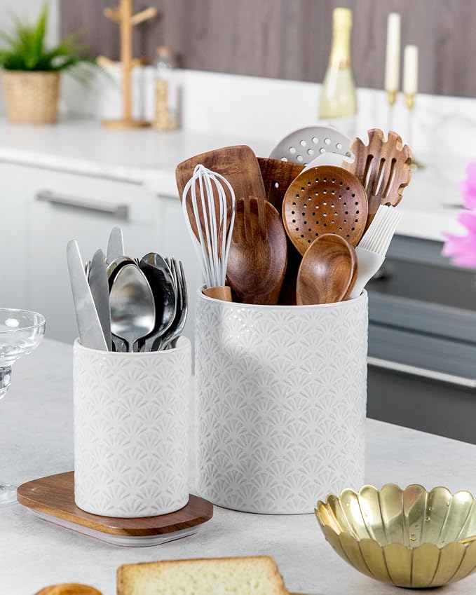 Nucookery Utensil Holder for Kitchen Counter, White Large Stable Ceramic Cooking Utensil Crock for Countertop Organizer, Farmhouse Decor, Set of 2, 7.1"&5.4",Christmas Thanksgiving Gift, Petal Pattern