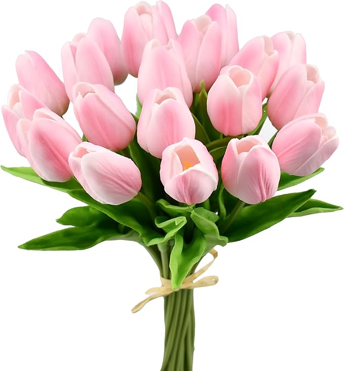 Mandy's Peach Pink Artificial Tulips Flowers Centerpiece, 13.5" Lifelike PU Fake Floral Stems 20pcs for Kitchen Island & Dining Table, Spring Decor for Easter