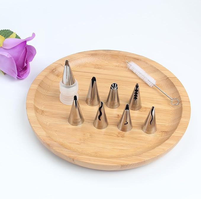 Baipeisy 11Pcs Stainless Steel Pleated Skirt Piping Tips Set - Reusable Baking Tools Kit Includes 8 Decorating Nozzles, 1 Cleaning Brush, 1 Converter, 1 silicone piping bag for Frosting Cakes
