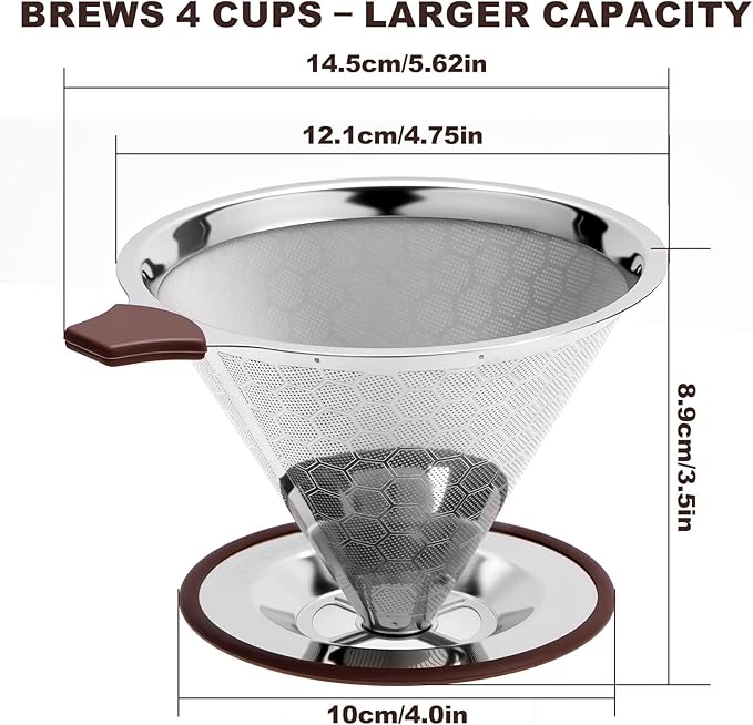 Pour Over Coffee Dripper, Stainless Steel Coffee Filter, Paperless Reusable Coffee Filter, Metal 600 Mesh Strainer Coffee Maker Single Cup Brewer (1-4 Cups)