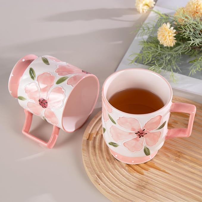 KAMMAK Ceramic Pink Coffee Mug, 15oz Large Mugs Set of 2, Novelty Cup for Tea, Juice, Milk, Cute Porcelain Water Cups with Handle for Women, Dishwasher and Microwave Safe