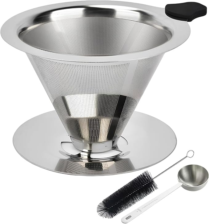 Pour Over Coffee Dripper, Reusable Cone Stainless Steel Coffee Filter, Double Layer Fine Mesh Paperless Coffee Maker with Coffee Spoon and Cleaning Brush for 3–4 Cups