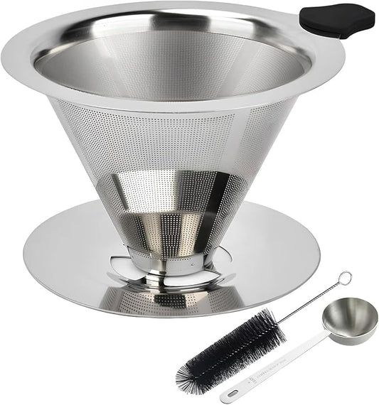 Pour Over Coffee Dripper, Reusable Cone Stainless Steel Coffee Filter, Double Layer Fine Mesh Paperless Coffee Maker with Coffee Spoon and Cleaning Brush for 2–3 Cups