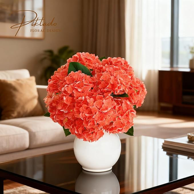 A Bunch 20in, Real Touch Hydrangea Artificial Flowers, with 5pcs Flower Head 8pcs Leaves, Faux Hydrangea Flowers for Home Office Decor Wedding Party Arrangements (1, Orange-red)