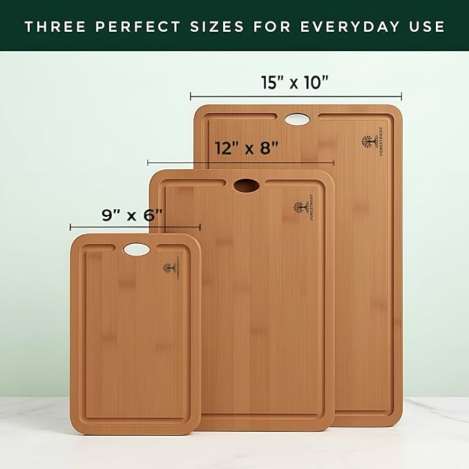 Bamboo Cutting Board Set – Durable 3-Piece Carbonized Brown Bamboo Boards with Deep Juice Grooves & Hanging Holes, Eco-Friendly Wooden Cutting Boards for Meat, Vegetables & Fruits