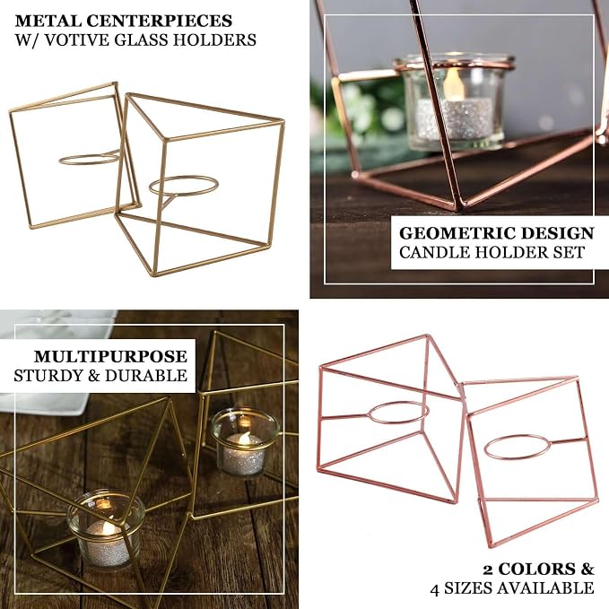 Efavormart 9" Rose Gold Geometric Candle Holder Set 2 Metal Geometric Centerpieces Joint Together