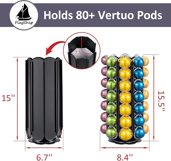 FlagShip for Nespresso Vertuo Pod Storage 360 Degrees Revolving Vertuo Pod Carousel Extra Storage Space,Huge Coffee Pod Organizer Black Metal(80+ Pods Capacity)