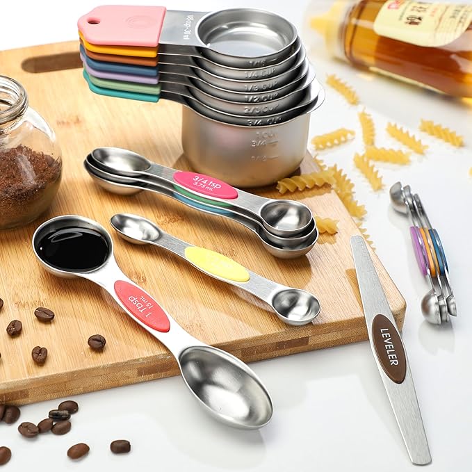 Magnetic Measuring Cups and Spoons Set of 16 Including 7 Stainless Steel Stackable Magnetic Measuring Cup 8 Magnetic Measuring Spoon with Leveler for Measuring Dry Liquid Ingredient
