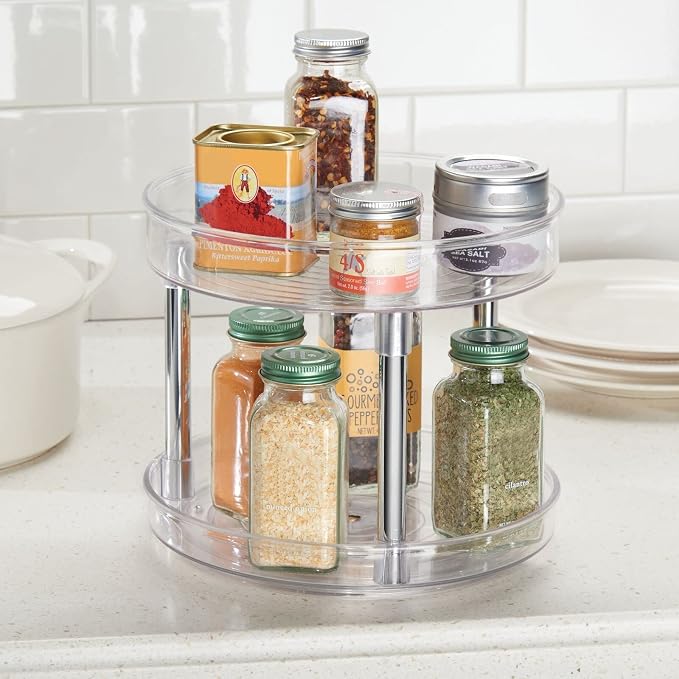 mDesign 2-Tier Lazy Susan Turntable for Kitchen Cabinets, Shelf, Table, Countertop, 9" Multi Level Rotating Organizer Carousel, Storage Turntable Organizer, Ligne Collection, 2 Pack, Clear/Chrome