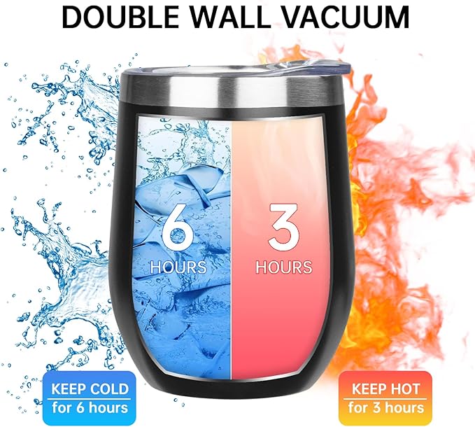 MEZMUT 12 Oz Insulated Wine Tumbler with Lid Double Wall Vacuum Stainless Steel Wine Glass Coffee Mug Insulated Tumbler Cup for Champaign, Cocktail, Beer (Black, 1 Pack)