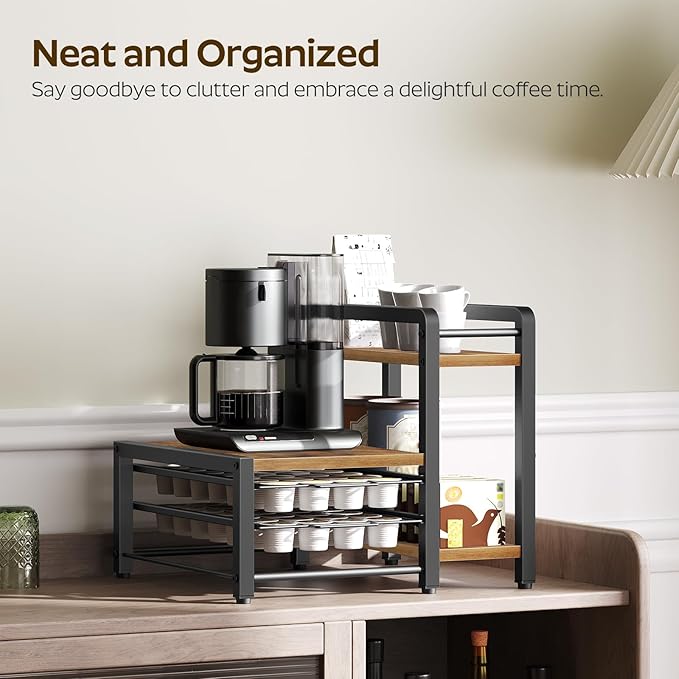 YATINEY Coffee Pod Drawer Holder, Holder for K Cup, Coffee Pod Organizer with 2-Tier Sliding Storage Drawer and Countertop, 56 Pods Capacity, Rustic Brown and Black KH01BR