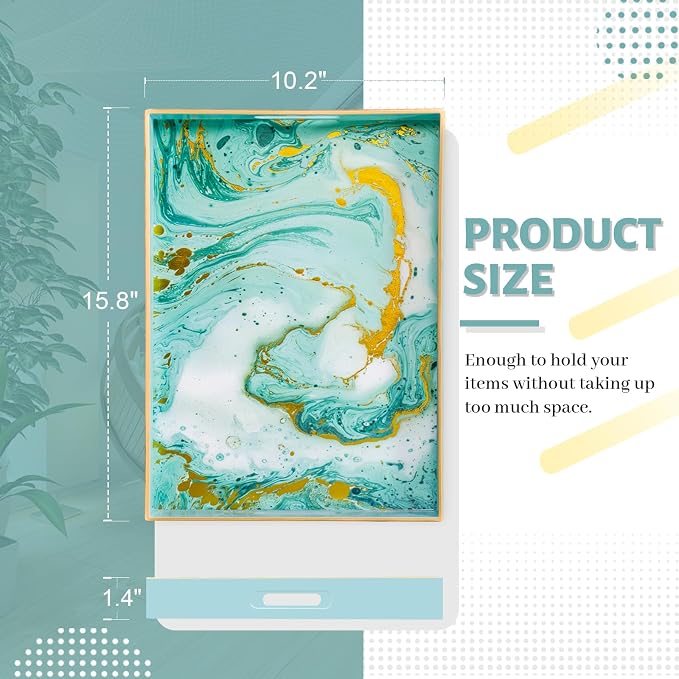 MAONAME Turquoise Serving Tray with Handles, Plastic Decorative Tray for Coffee Table, Marbling Rectangular Trays for Bathroom, Ottoman, Storage, 15.7" Lx 10.2" W X 1.57" H