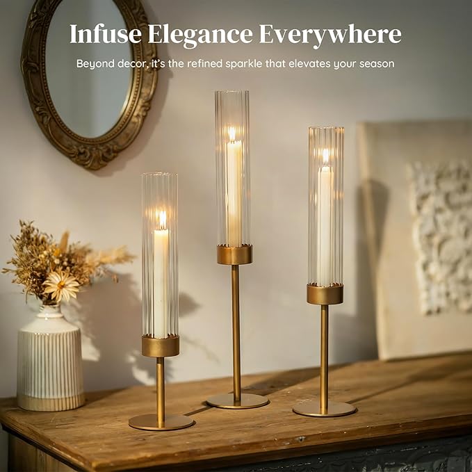 Glasseam Tapered Gold Candlestick Holders: 6 Pcs Tall Brass Taper Candle Holder with Ribbed Glass Cylinder - Hurricane Fluted Candle Holders for Table Centerpiece Wedding Party Christmas Decorations