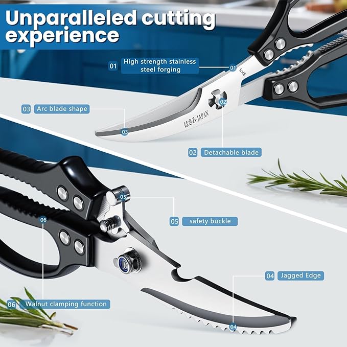 HUUSK Black Kitchen Scissors Set - Heavy Duty Kitchen Shears for Poultry & Sharp Seafood Scissors for Crab, Shrimp, Lobster, Nuts - Christmas Gift for Men and Women