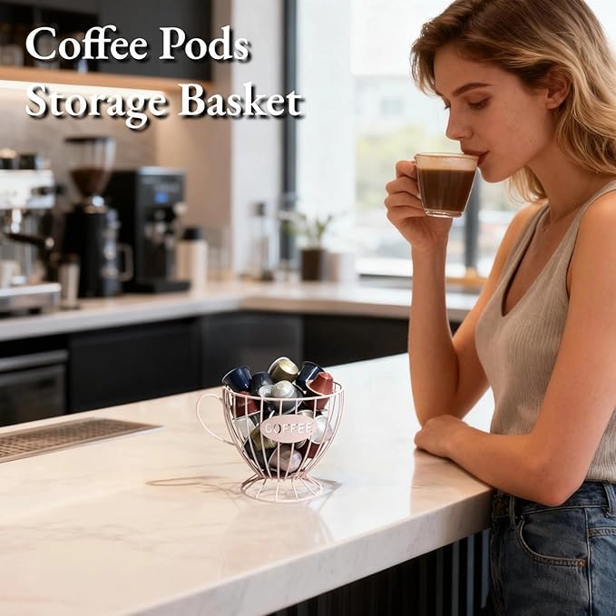 Metal Coffee Pod Holder Wire Coffee Pods Storage Basket Espresso Capsule Storage for Home Kitchen Cafe Hotel (Pink cup)
