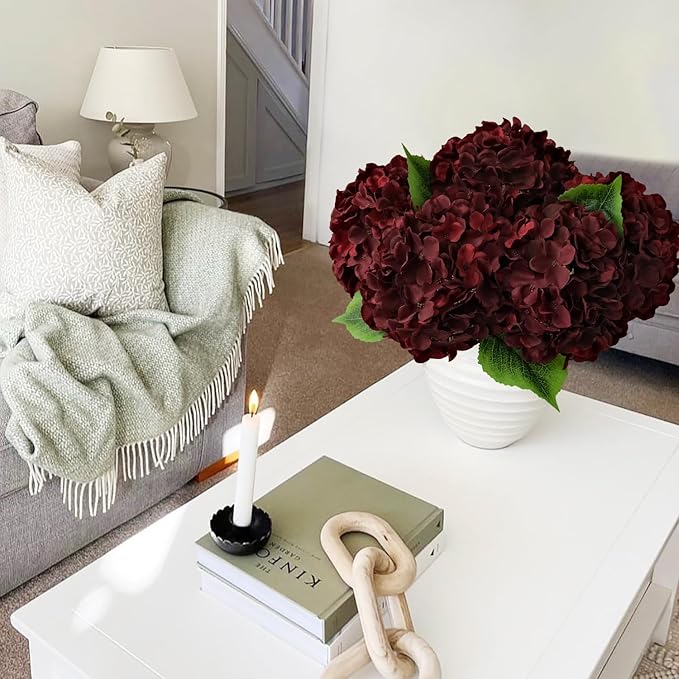 JINWOE 5Pcs Burgundy Silk Hydrangea Artificial Flowers, 20Inch Large Lifelike Flowers,Halloween Christmas Artificial Hydrangeas for Indoor Bouquet Table Centerpieces Floral Arrangements Home Wedding