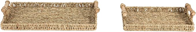 Household Essentials Handwoven Seagrass Rectangular Tray Set with Wood Handles, Natural, Set of 2