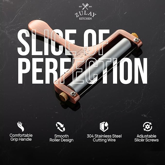 Zulay Adjustable Cheese Slicer - Wire Slicer For Mozzarella, Cheddar, Gouda - Heavy Duty With 2 Extra Wires (Copper)