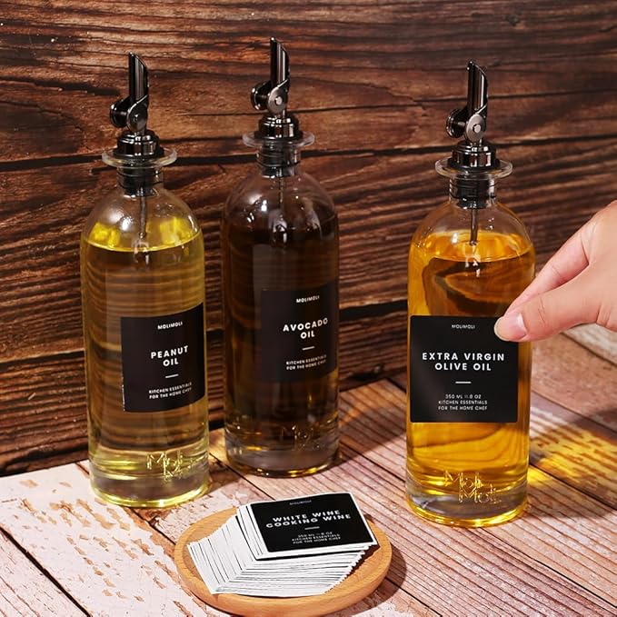Molimoli Oil and Vinegar Dispenser with Metal Pour Spout, Weighted Pourer, Glass Bottle Dispenser for Kitchen, Olive Oil Cruet, Glass Olive Oil Bottle | 500ml, Set of 2