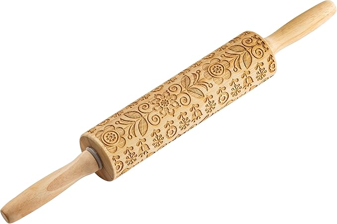 TableCraft Embossed Beech Wood Rolling Pin – 15.25 Inches, Spring Floral Imprint for Baking, Durable Wood Rolling Pin for Cookies, Pastries & Fondant, Elegant Carved Design, Handwash Recommended