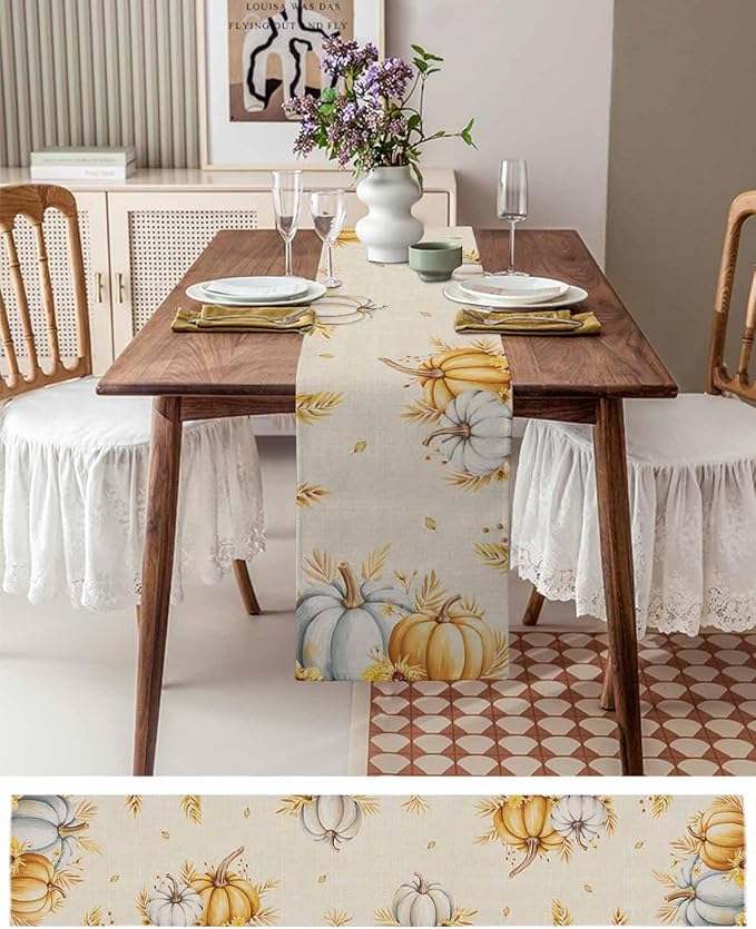 Fall Pumpkins Table Runner - 72 Inch Long, Grey Golden-yellow Pumpkin Thanksgiving Dining Table Runner Dresser Scarves, Maple Leaf Farm Harvest Decor for Coffee Table Wedding Party Banquet, 18x72 in