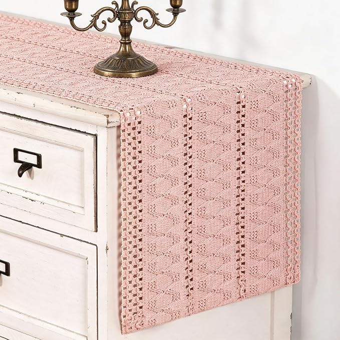 MLMC Pink Boho Table Runner Farmhouse Macrame Woven Table Runner 36 inch Long Rustic Cotton Linen Blend Table Decor for Dinning Kitchen Wedding Bridal Shower Eveyrday Use 12x36 Inch