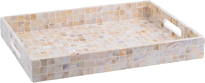 PEMAR Rectangular Mother of Pearl Serving Tray Nacre Wood Lap Ottoman Tray for Coffee Table, Luxury Decorative Handmade Eating Platters w Insert Handles (White Cream)