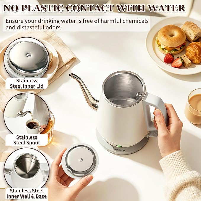 Gooseneck Electric Kettle 0.8L, 1200W Fast Boiling Stainless Steel – Auto Shut-Off, Precision Pour Over Kettle for Coffee & Tea, Ideal for Small Kitchen, RV, Travel (Gray White)