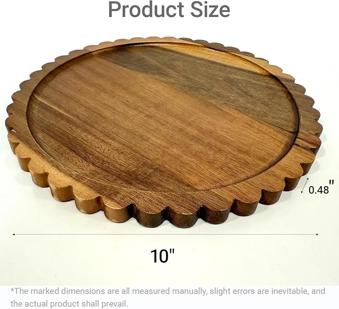 Small Wooden Decorative Tray,10 Inch Round Acacia Scalloped Tray for Coffee Table Decor,Bandeja de Madera para Decoración for Kitchen, Dining Room, Living Room and Home Decor