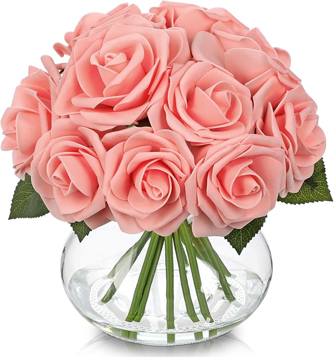 Hollyone Pink Roses Artificial Flowers in Vase Silk Fake Rose Bouquet Flowers Floral Arrangements with Glass Vase with Faux Water for Home Bathroom Office Table Centerpiece Shelf Decorations