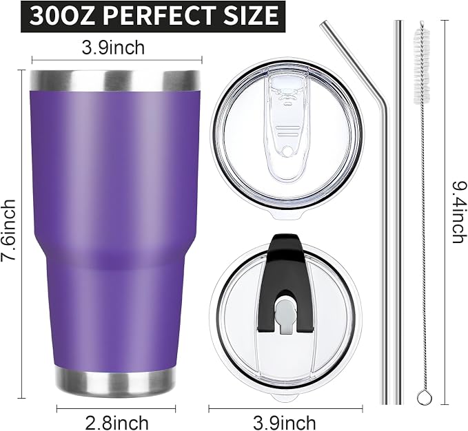 30 oz Tumbler with Lids and Straws Double Wall Vacuum Insulated Tumbler Cup,Stainless Steel Leak-proof Thermal Tumbler Powder Coated Travel Coffee Mug for Cold and Hot Drinks,Dark Purple