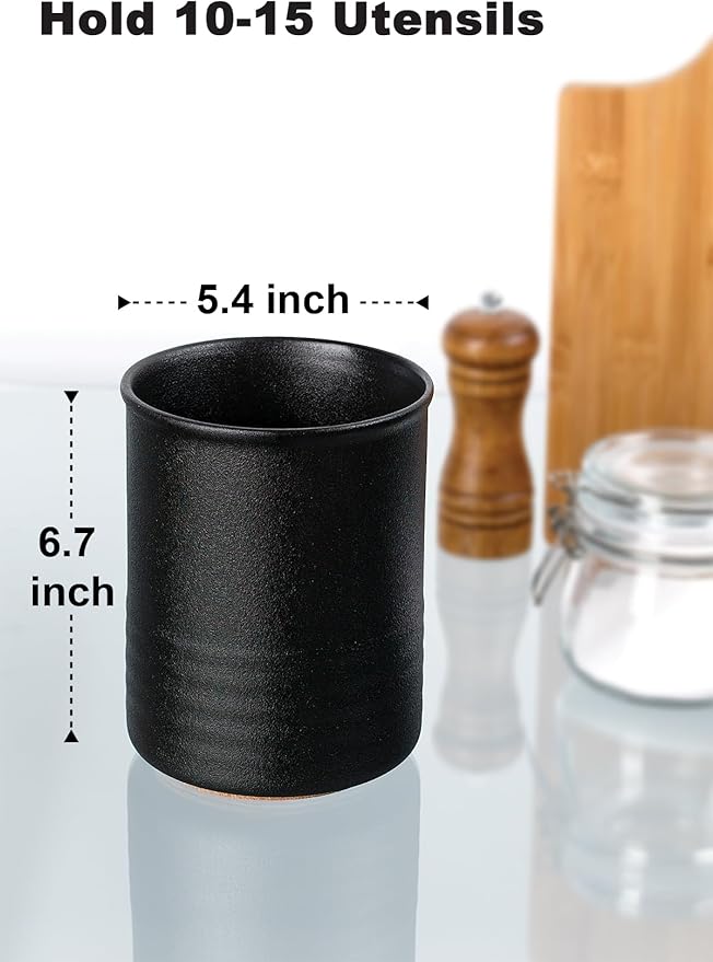ABRUTY Utensil Holder, 6.7" Ceramic Kitchen Utensil Crock for Countertop Cooking, Modern Utensil Caddy Jar Organizer for Farmhouse Kitchen Counter Décor, Textured Black