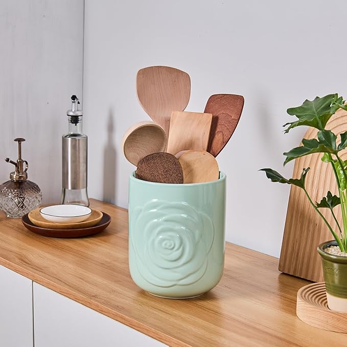 Large Utensil Holder Set of 2, 7.5"+ 5.5" - Ceramic Rose Kitchen Countertop Utensil Crock for Spatulas, Spoons & Cooking Tools, Farmhouse Kitchen Counter Decor, Green