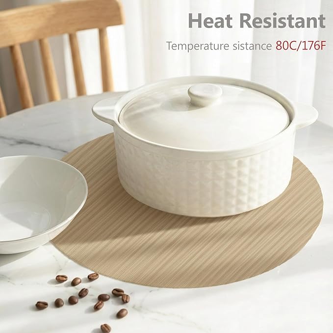 AHHFSMEI Round Placemats Set of 6 Woven Vinyl Non-Slip Heat Resistant Stain Resistant Easy Clean Place mats for Dining Table(Light Brown)