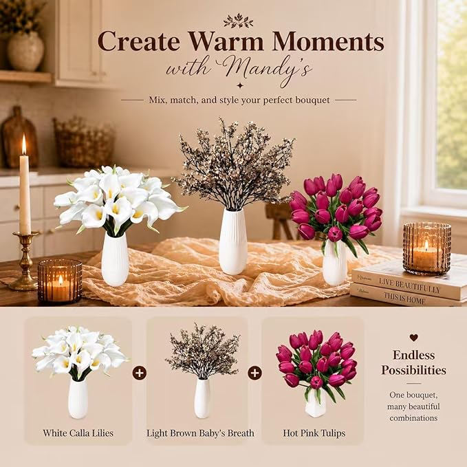 Mandy's Hot Pink Artificial Tulips Flowers Centerpiece, 13.5" Lifelike PU Fake Floral Stems 20pcs for Kitchen Island & Dining Table, Spring Decor for Easter
