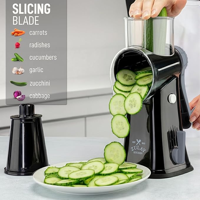 Zulay Kitchen Rotary Cheese Grater 5 Blade Cheese Shredder - Manual Hand Crank Cheese Grater With Reinforced Suction & 5 Interchangeable Drums - Easy to Use, Vegetable Chopper Round Mandoline Slicer