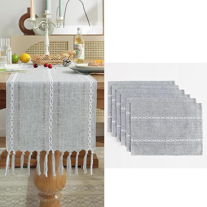 Wracra Cotton Linen Placemats, 12 x 18 Inch Set of 8 Placemats Rustic Hemstitch Place Mats for Kitchen Table and Heat Resistant-Hemstitch Grey