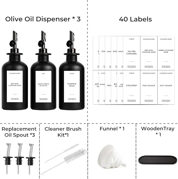 3PCS Olive Oil Dispenser Bottle For Kitchen, Soy Sauce Dispenser, Dark Glass Bottles for Oil and Vinegar Dispenser Set W. Wooden Tray & Labels & 3 Replacement Spouts, Coffee Syrup Dispenser(Black)