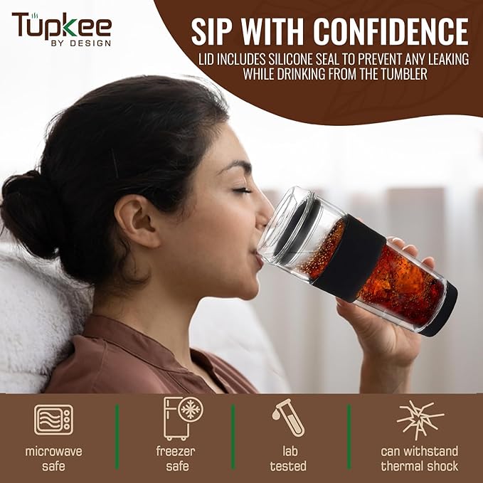 Glass Sip Lid Black - Replacement Double Wall Glass Tumbler, 14oz & 8oz Hand Blown Travel Mug