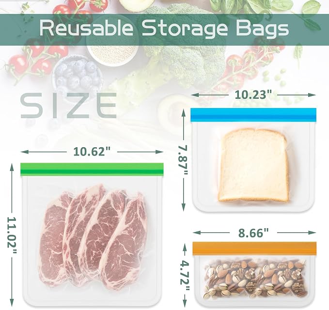 Reusable Food Storage Bags - 10 Pack Snack Bag Freezer Bags - Extra Thick Preservation Bags, Leakproof Silicone Bag for Meal Prep, Kitchen Organization