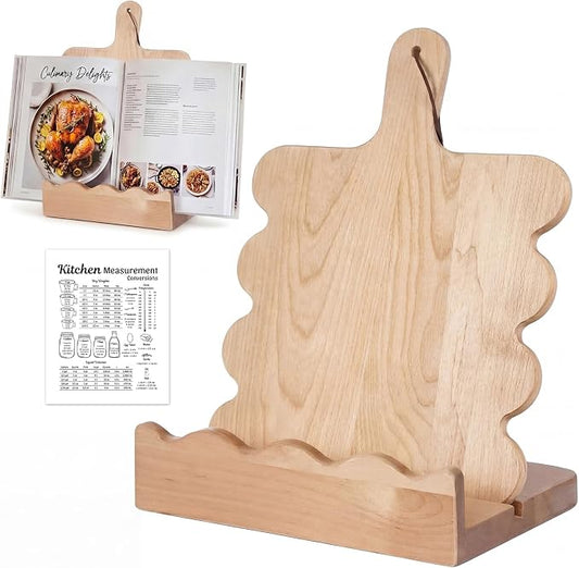 Novabright Scalloped Wooden Cookbook Stand with Removable Cutting Board and Kitchen Conversion Chart for Kitchen Counter, Large Wooden Stand for Cookbooks, Tablets